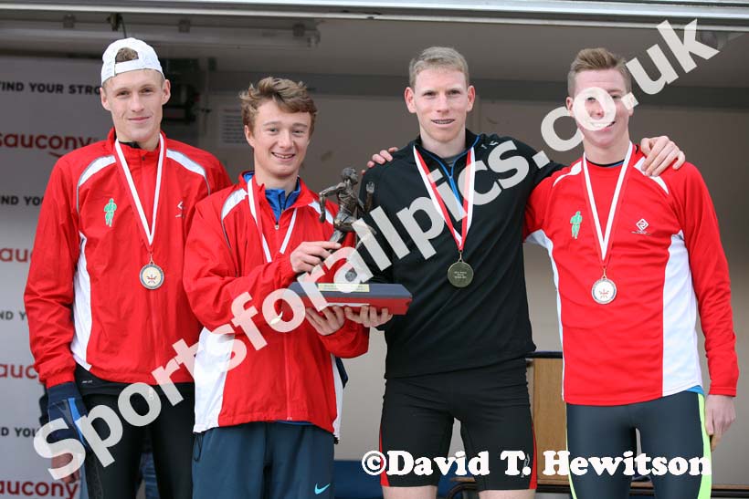 From left to right: Adam Clarke , Jonathann Hay, Andy Vernon and Joshua Grace, Aldershot Franham and District winners of the senior mens National Cross Country Relays, Berry Hill Park, Mansfield. Photo: David T. Hewitson/Sports for All Pics